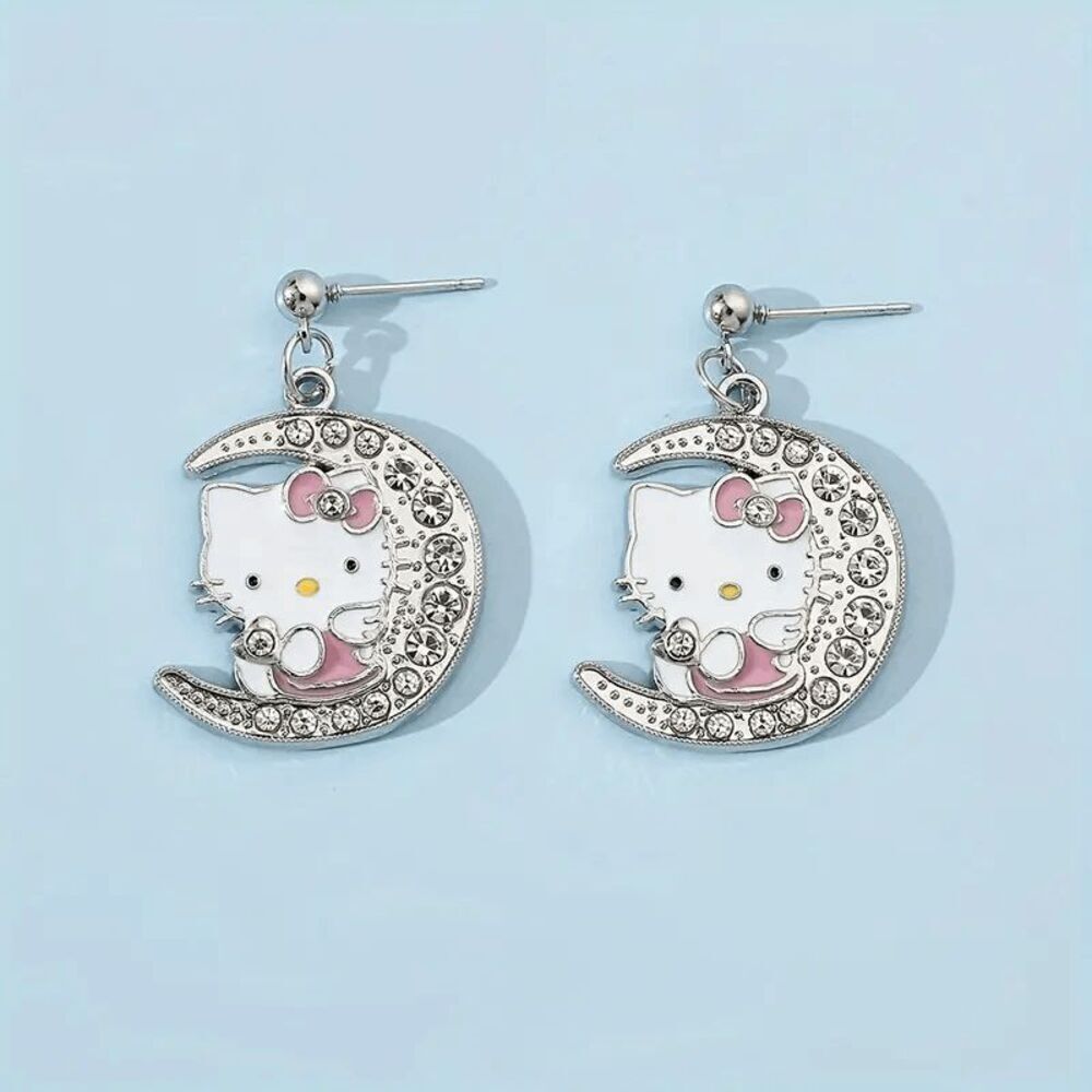 Hello Kitty Moon Pendant Diamond Earrings